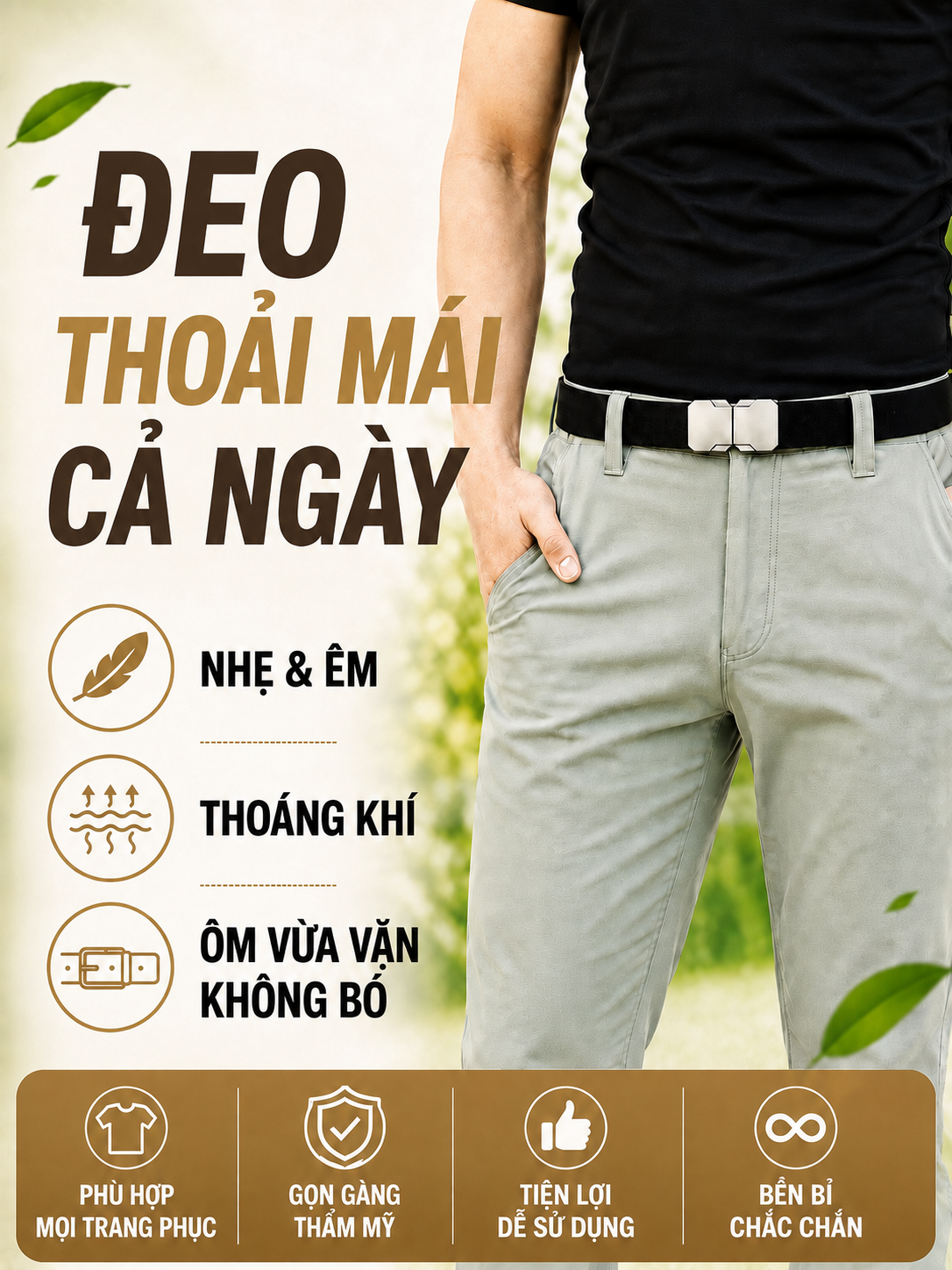 Đeo thắt lưng vải dù thoải mái cả ngày